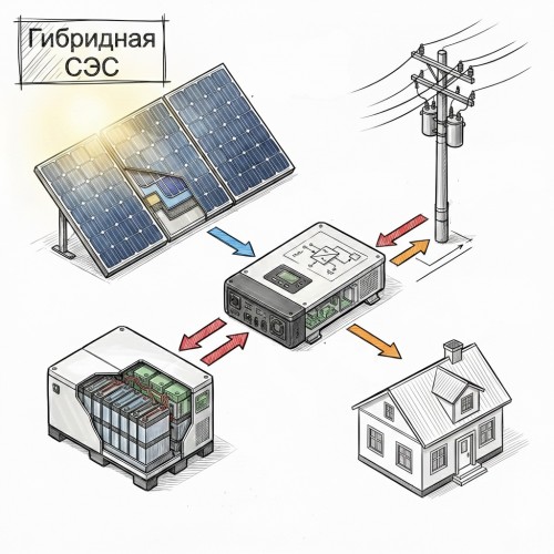 Солнечная электростанция «Дом-1» с семью панелями TOPCon 410 Вт, GEL аккумуляторами 4,8 кВт·ч и гибридным инвертором SILA VII 3000MH-24